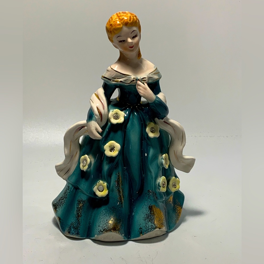 Vintage St Claire Southern Belle Porcelain Green Ballgown Rhinestones Gold Trim